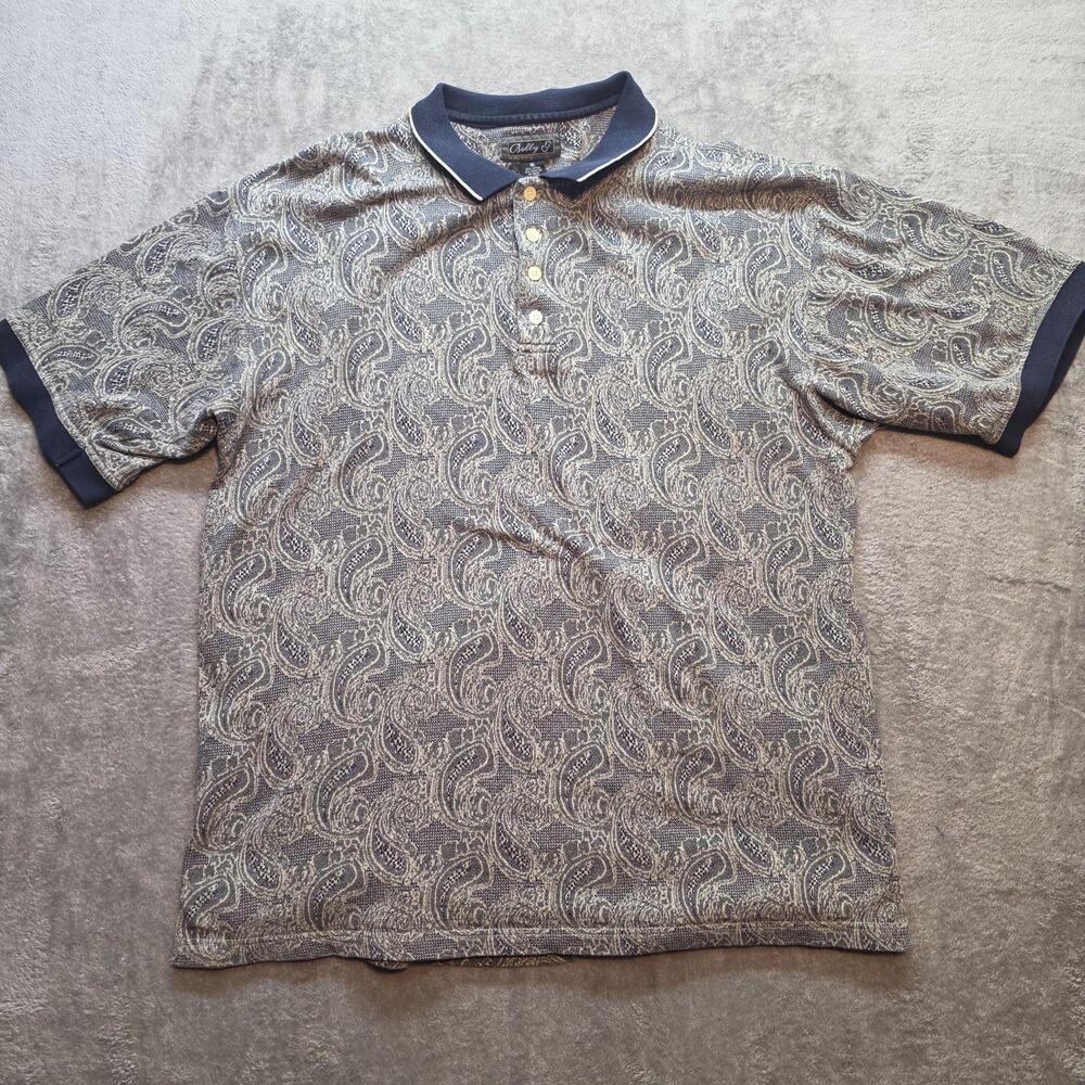 Bobby G Polo Shirt Mens XL Blue Paisley Print Knit Short Sleeve Casual